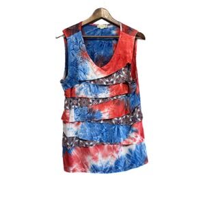 Live and Let Live Tank Top Women XL Red White Blue Excellent Tie Dye Ruffle Boho